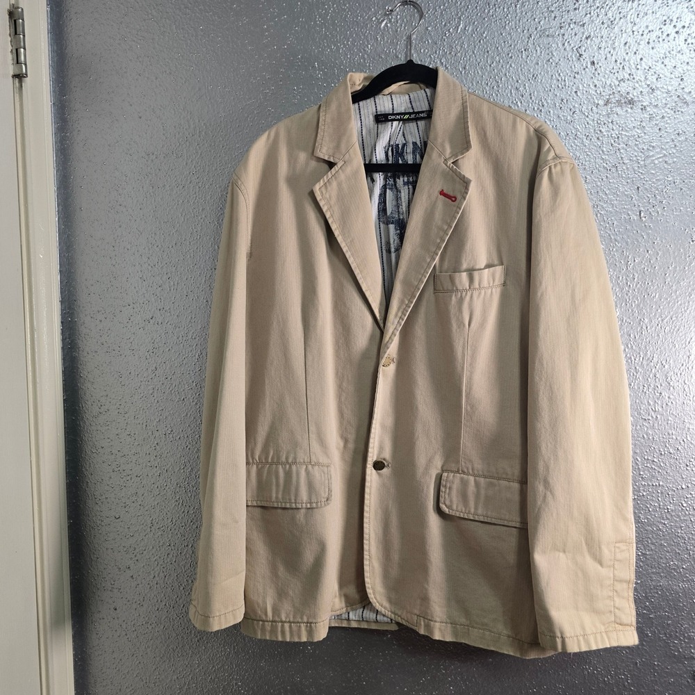 DKNY Jeans Mens Tan Khaki Herringbone Cotton Blazer Sport Coat Jacket